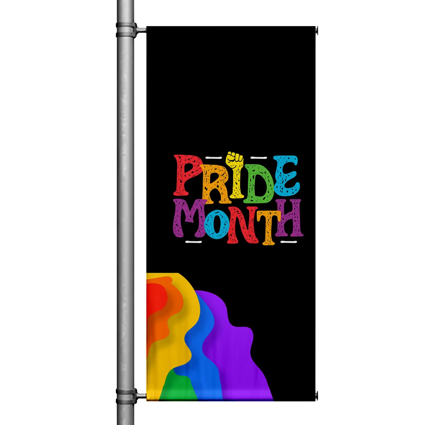 Black Pride Month pole banner with colorful rainbow typography and flowing rainbow wave design
