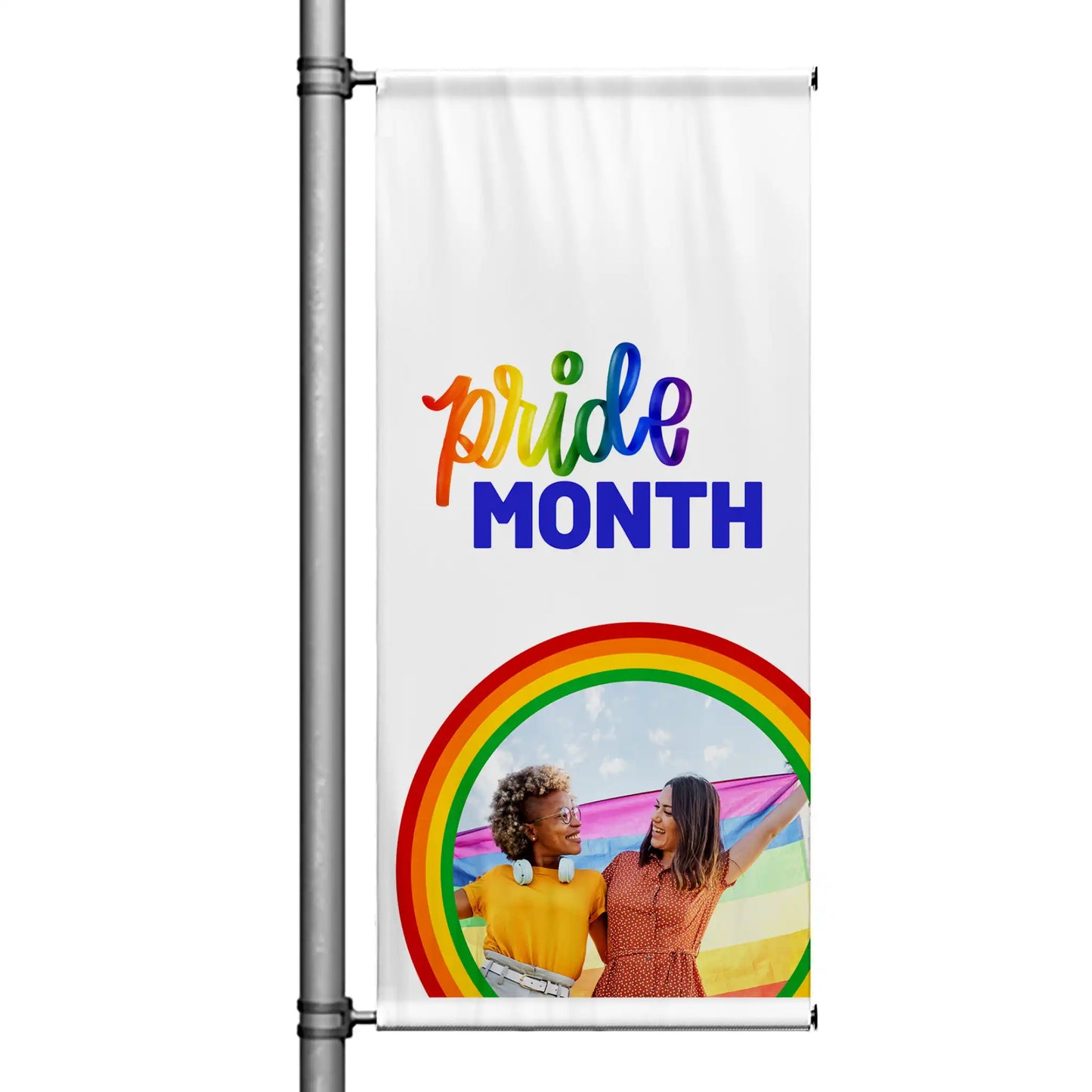 Pride Month pole banner with white background, rainbow typography, circular photo of diverse couple holding Pride flag, and colorful rainbow accent