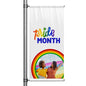 Pride Month pole banner with white background, rainbow typography, circular photo of diverse couple holding Pride flag, and colorful rainbow accent