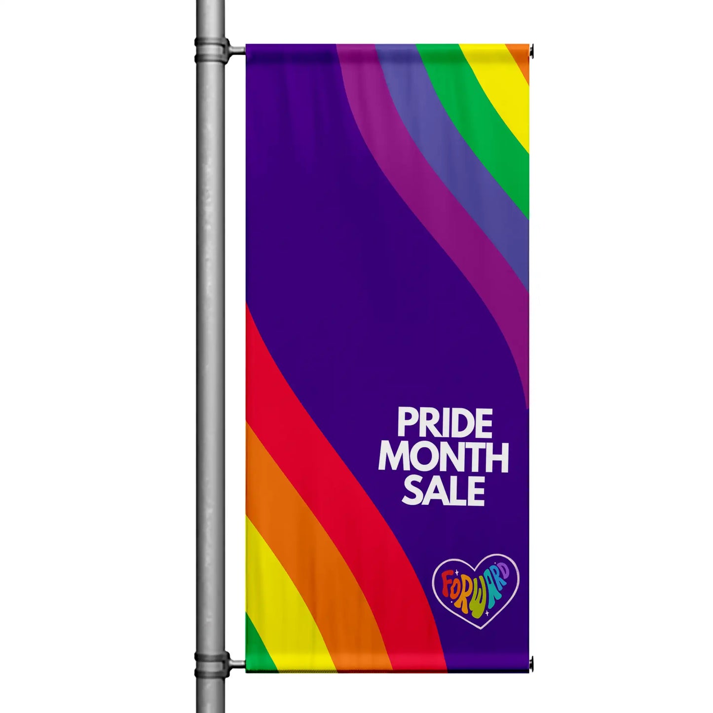 Pride Month Sale pole banner with bold rainbow wave design, deep purple background, and modern promotional Pride graphics
