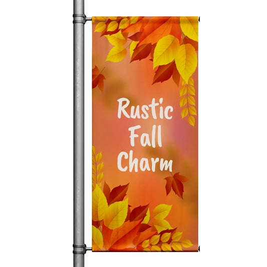 Rustic Fall Charm fall pole banner with warm orange gradient background and layered autumn leaves