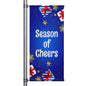 Season of Cheers Christmas pole banner with blue background, gold stars, snowflakes, and wrapped gift accents