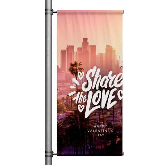 Share the Love Valentine’s Day pole banner featuring city skyline at sunset with hand-lettered white typography