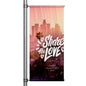 Share the Love Valentine’s Day pole banner featuring city skyline at sunset with hand-lettered white typography