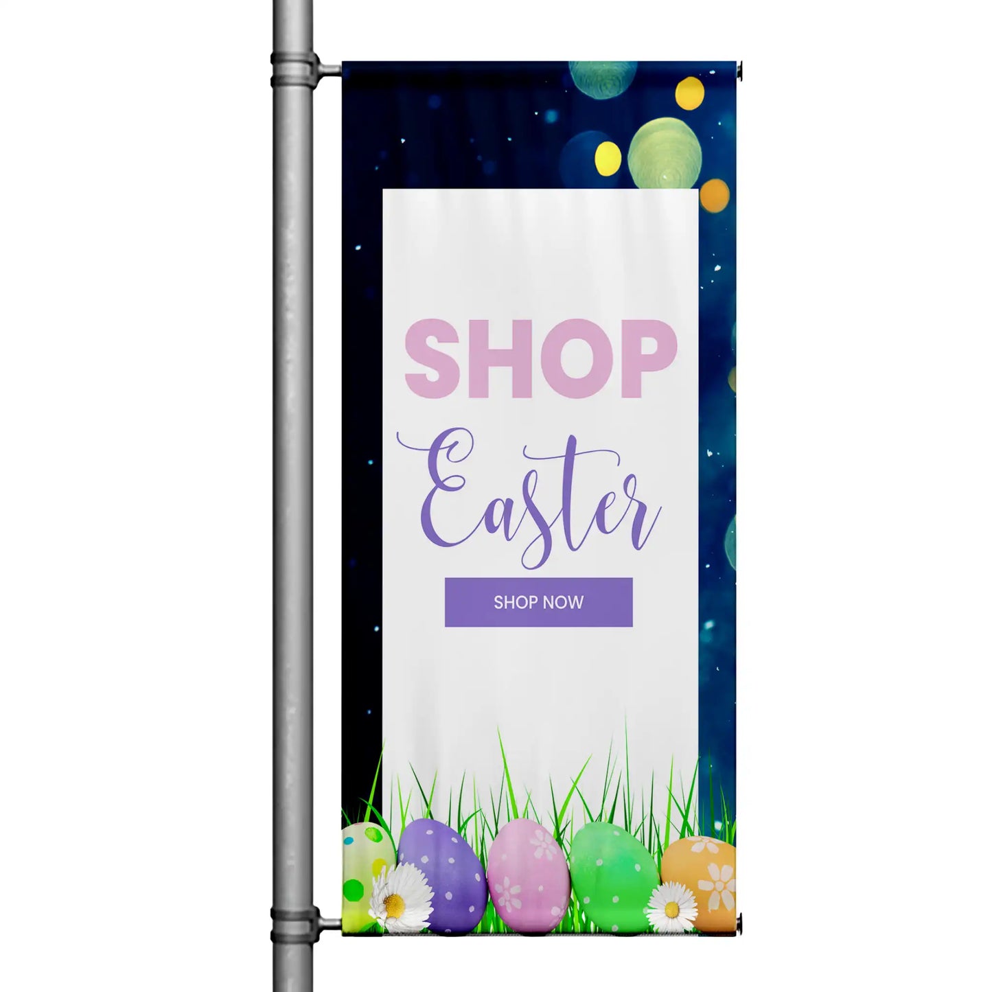 Shop Easter pole banner featuring colorful Easter eggs, spring grass, and pastel seasonal design mounted on street pole