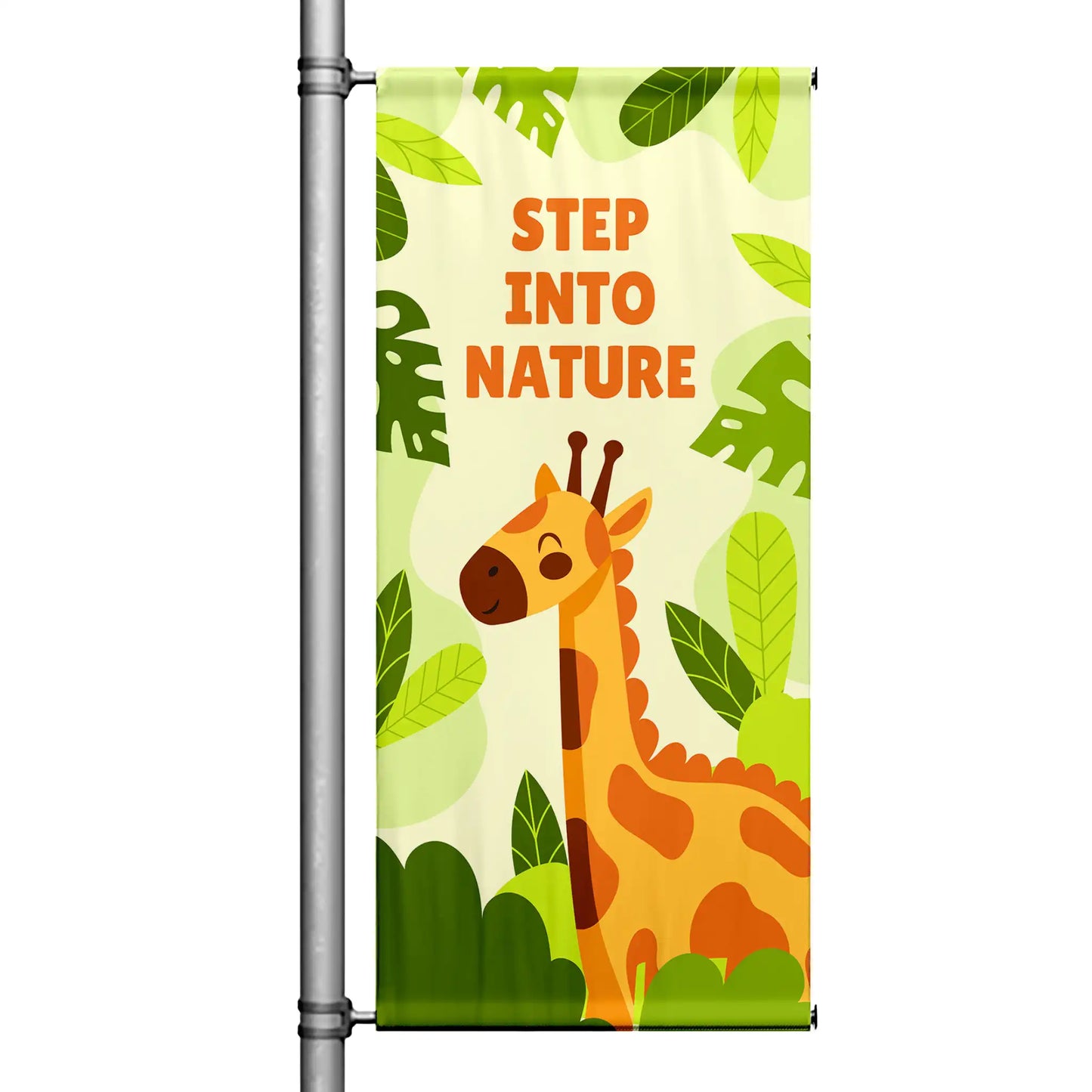 Step Into Nature green street pole banner featuring illustrated giraffe surrounded by leafy foliage