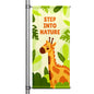 Step Into Nature green street pole banner featuring illustrated giraffe surrounded by leafy foliage