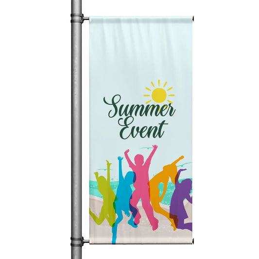 Summer Event light blue street pole banner with colorful dancing silhouettes and sun graphic