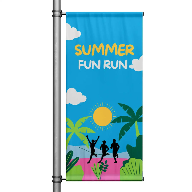 Summer Fun Run blue street pole banner featuring runners and bright summer graphics
