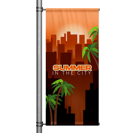 Summer in the City orange street pole banner featuring city skyline and palm tree graphics