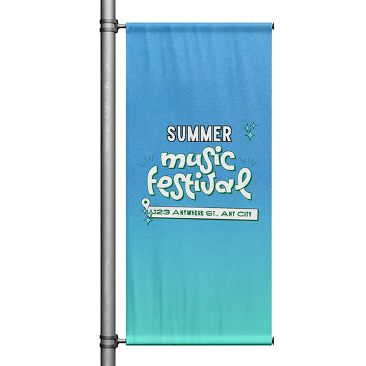 Summer Music Festival blue street pole banner with vibrant event graphics for outdoor display