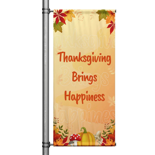 Thanksgiving Brings Happiness cream Thanksgiving pole banner with pumpkins, mushrooms, and fall foliage design