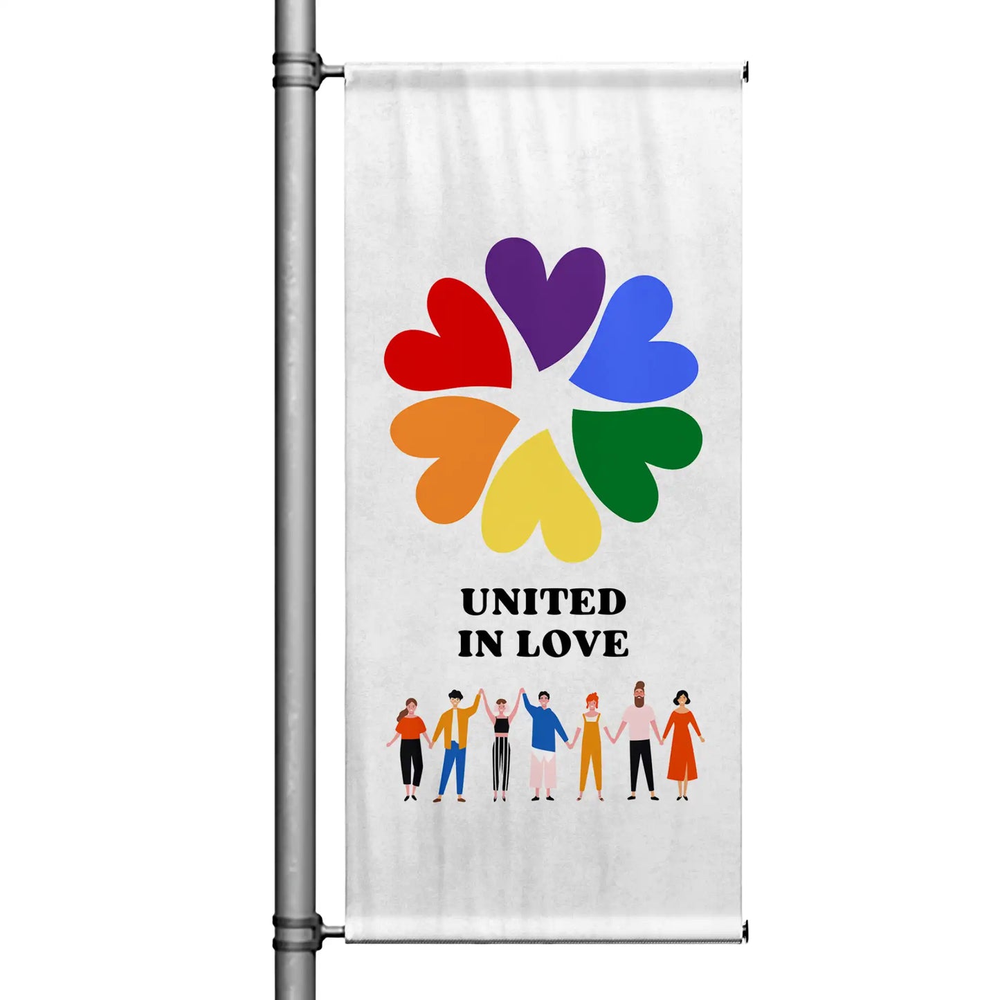United in Love pride pole banner featuring rainbow heart circle design and diverse community illustration on white background