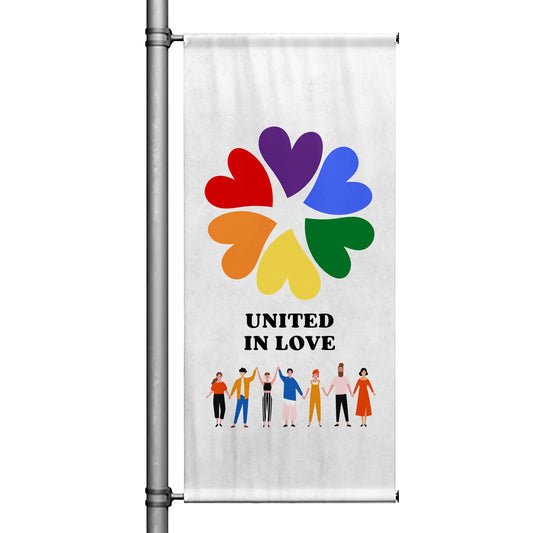 United in Love pride pole banner featuring rainbow heart circle design and diverse community illustration on white background
