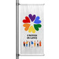 United in Love pride pole banner featuring rainbow heart circle design and diverse community illustration on white background