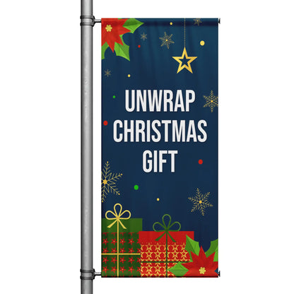 Unwrap Christmas Gift Christmas pole banner with deep navy background, wrapped presents, snowflakes, and festive holiday accents