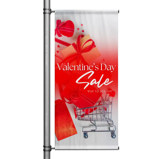 Valentine’s Day Sale pole banner featuring red gift boxes, hearts, and shopping cart on festive red background