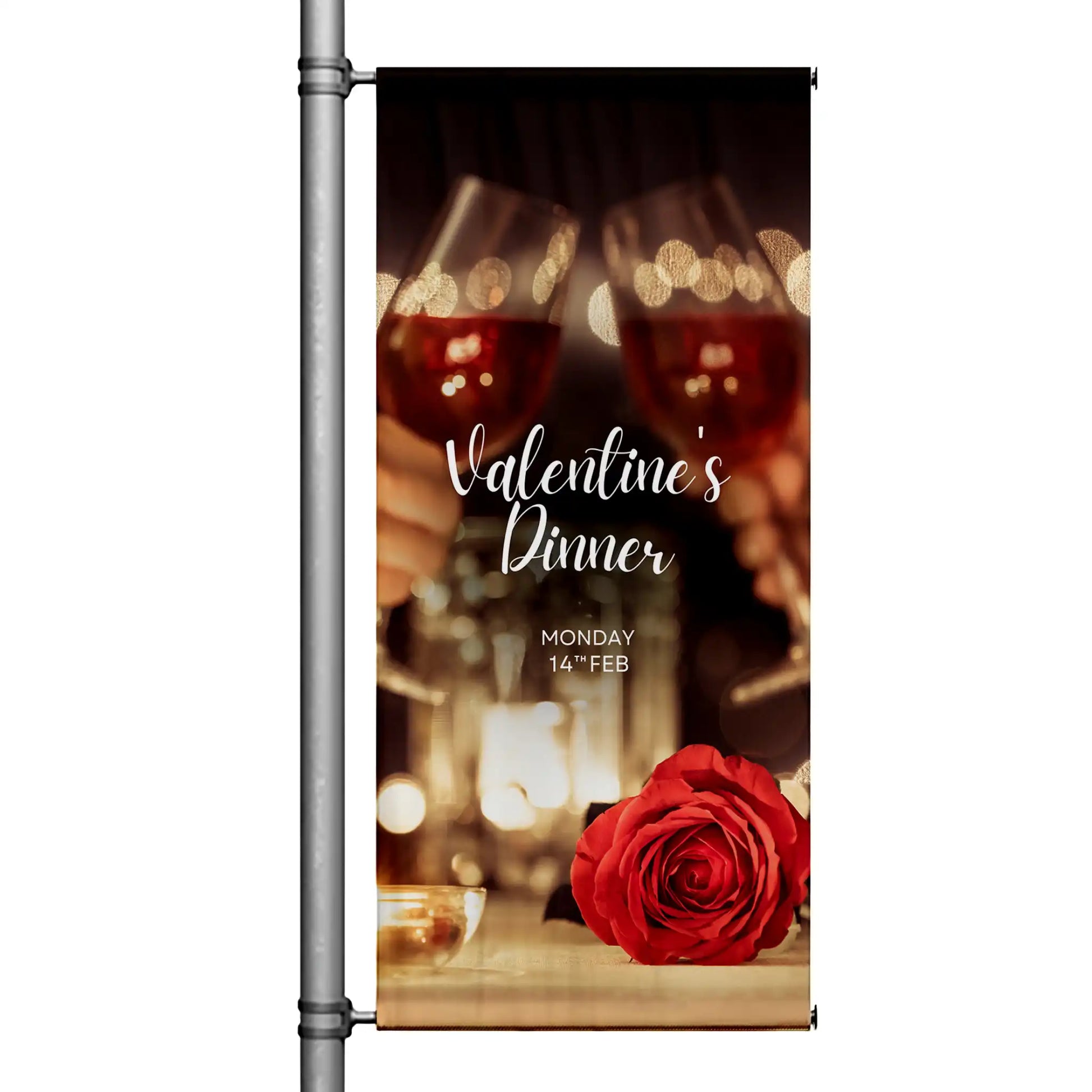 Valentine’s Dinner pole banner featuring wine glasses, candlelight ambiance, and red rose on elegant dark background