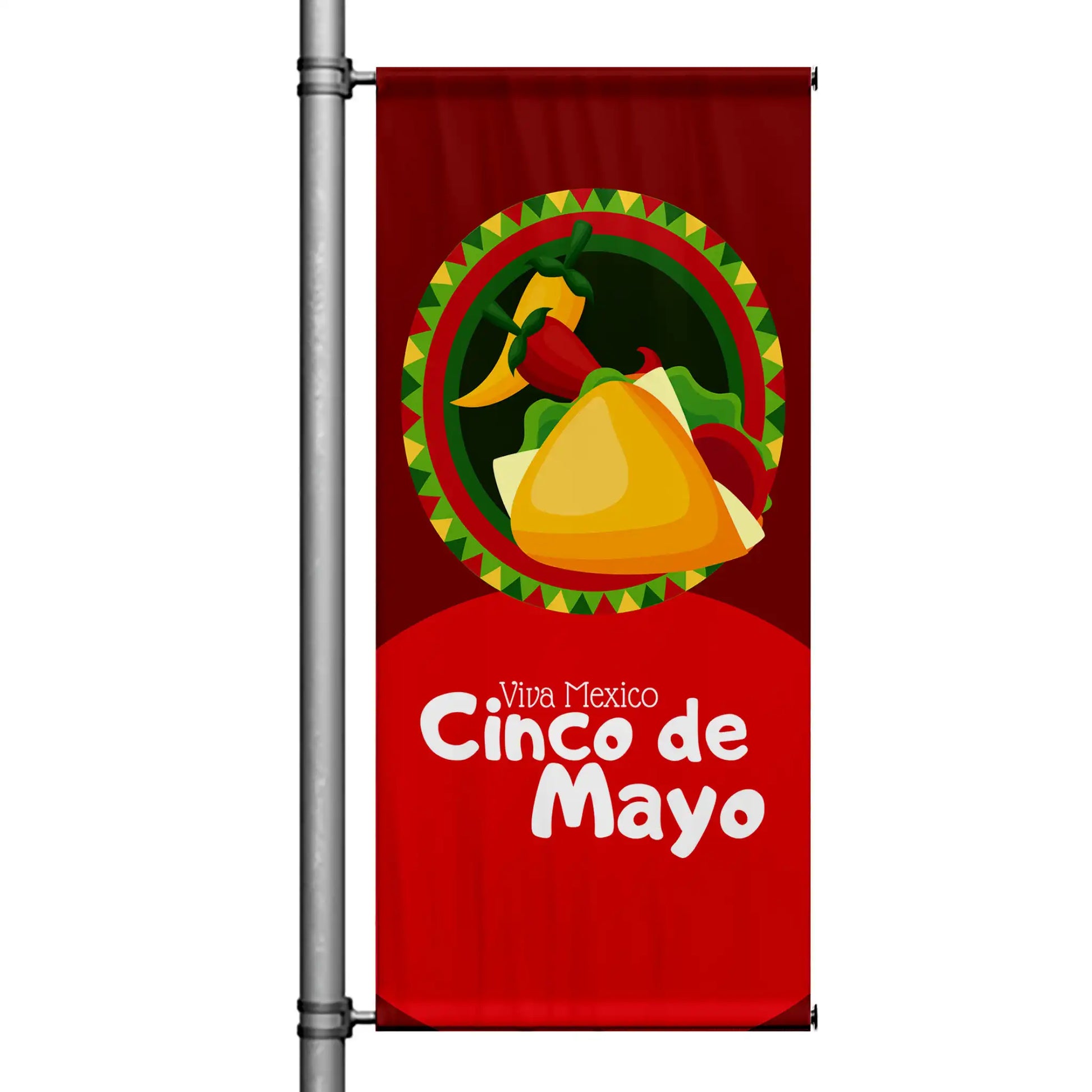 Red Cinco de Mayo pole banner featuring “Viva Mexico” text with taco and chili pepper graphic