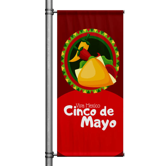 Red Cinco de Mayo pole banner featuring “Viva Mexico” text with taco and chili pepper graphic