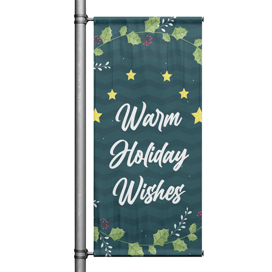 Warm Holiday Wishes Christmas pole banner with green background, hanging stars, and holly foliage accents