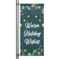 Warm Holiday Wishes Christmas pole banner with green background, hanging stars, and holly foliage accents