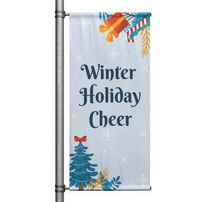 Winter Holiday Cheer winter pole banner with light blue background, snowflakes, Christmas tree, and festive ornaments
