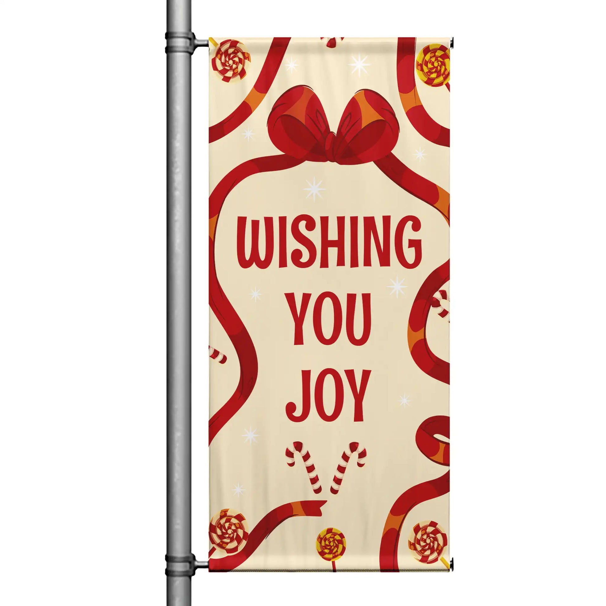 Wishing You Joy holiday pole banner featuring red ribbon, candy canes, and festive cream background