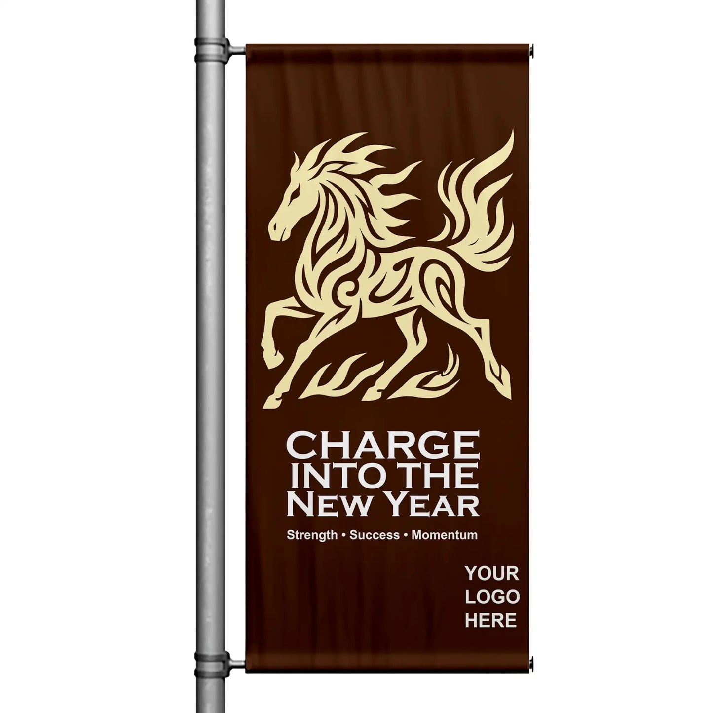 Year of the Horse Lunar New Year pole banner featuring gold horse illustration on deep brown background with “Charge Into the New Year” message