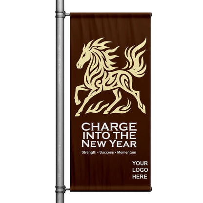 Year of the Horse Lunar New Year pole banner featuring gold horse illustration on deep brown background with “Charge Into the New Year” message