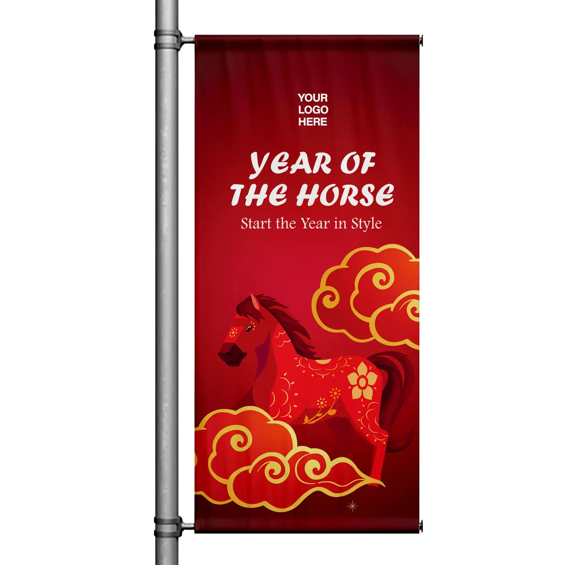 Year of the Horse Lunar New Year pole banner featuring red background with decorative horse illustration and gold cloud accents