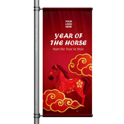 Year of the Horse Lunar New Year pole banner featuring red background with decorative horse illustration and gold cloud accents