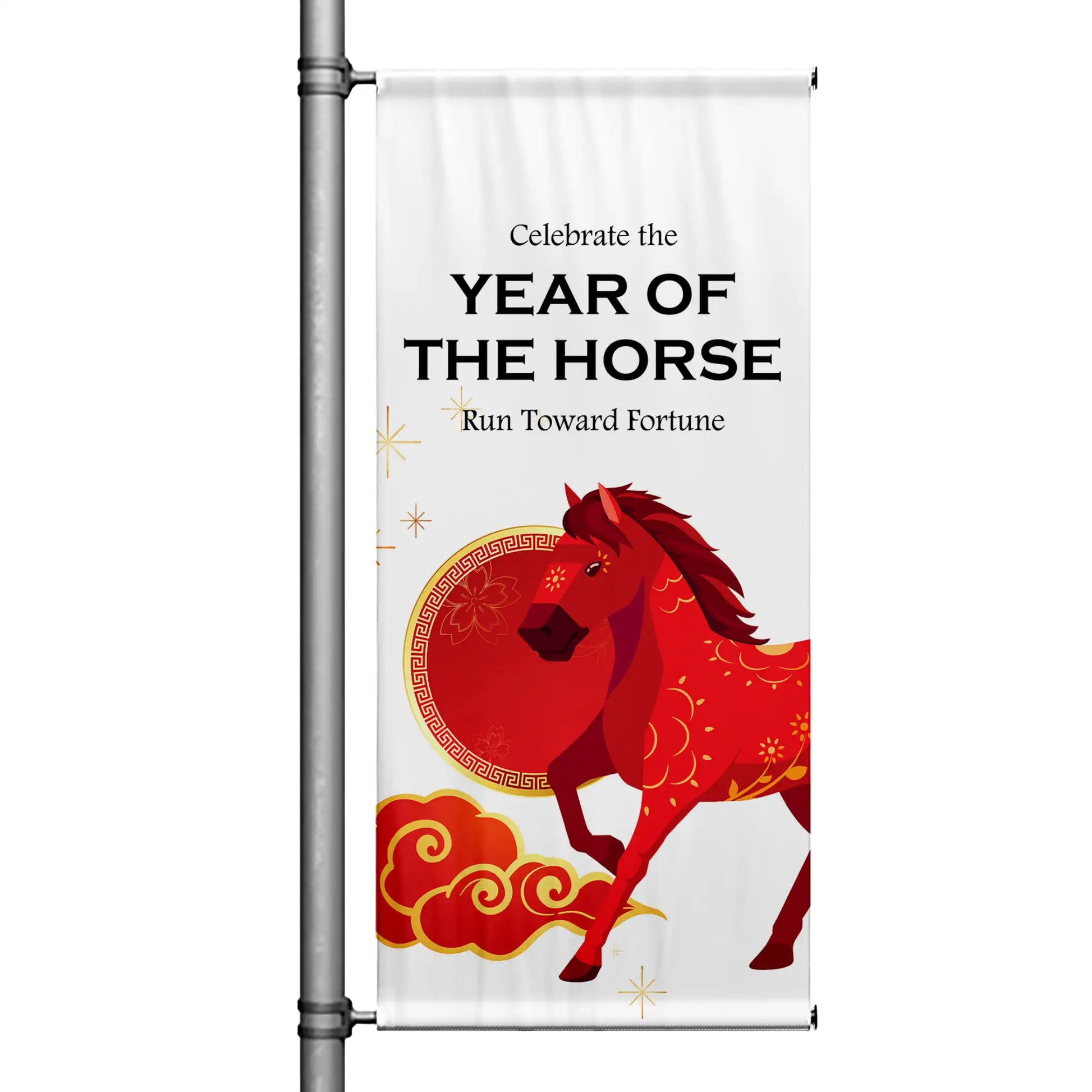 Year of the Horse Lunar New Year pole banner with white background featuring red horse illustration, gold accents, and festive cloud design