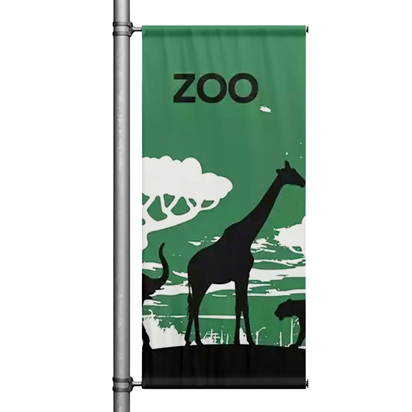 Zoo themed pole banner with giraffe silhouette and green nature background mounted on street pole