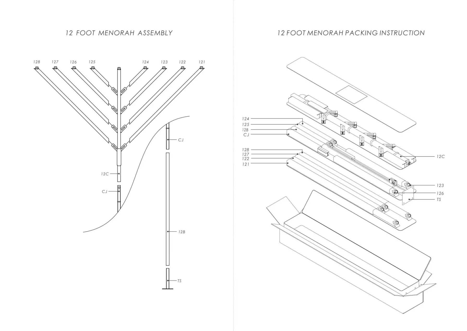 12-foot Menorah assembly diagram and packing instructions 
