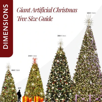 Giant Artificial Christmas Tree Size Guide with trees of different heights and decorative styles.