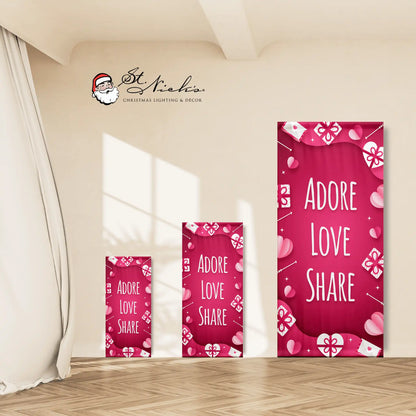 Adore Love Share Valentine pole banner shown in multiple size options