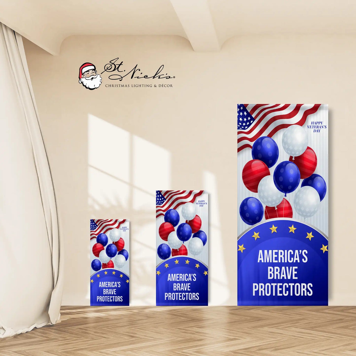 America’s Brave Protectors Veterans Day pole banner shown in multiple size options for commercial displays