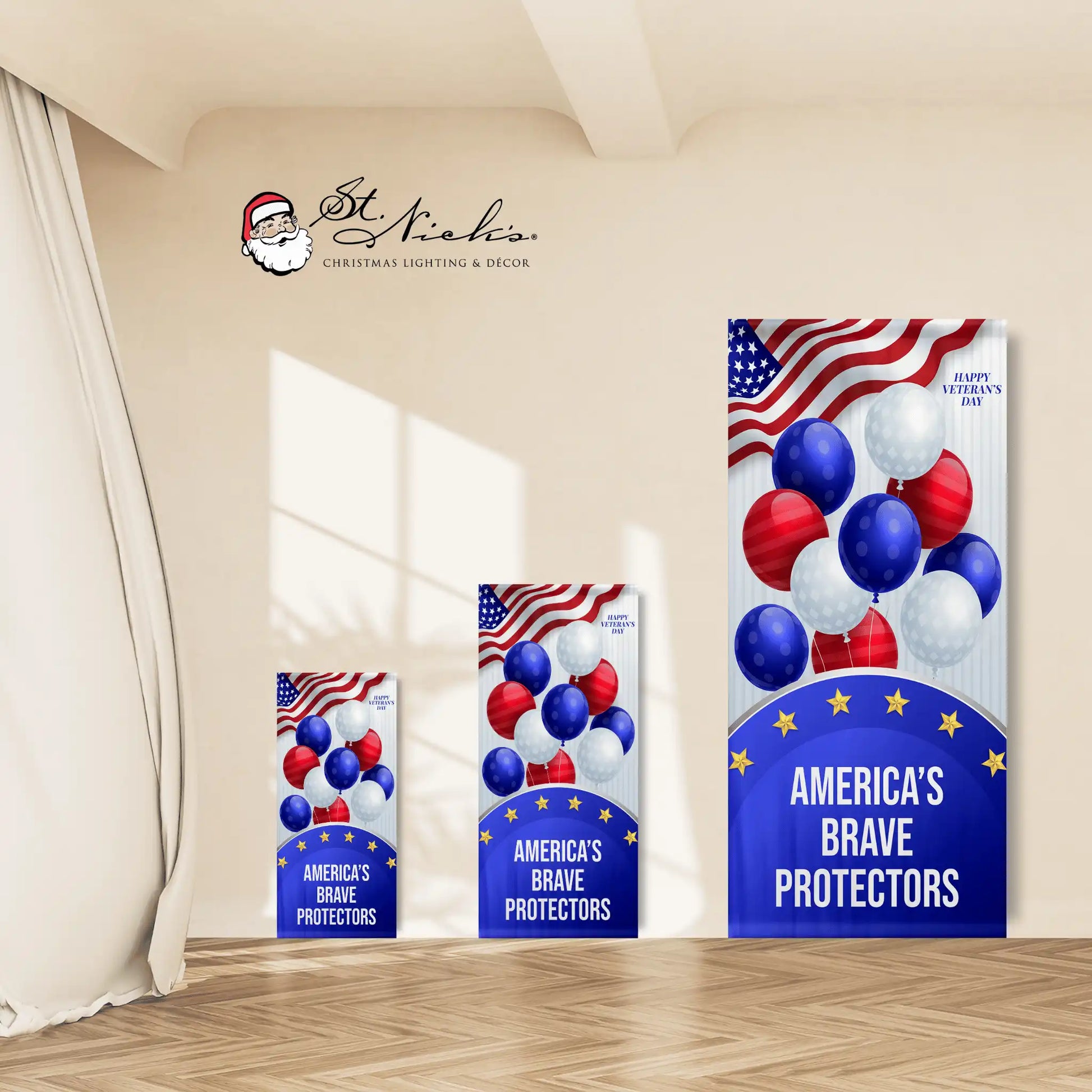America’s Brave Protectors Veterans Day pole banner shown in multiple size options for commercial displays