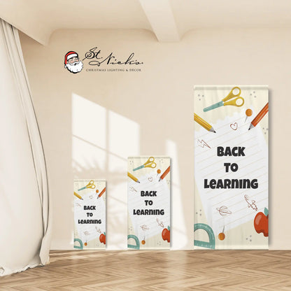 Back to Learning school pole banner shown in multiple size options