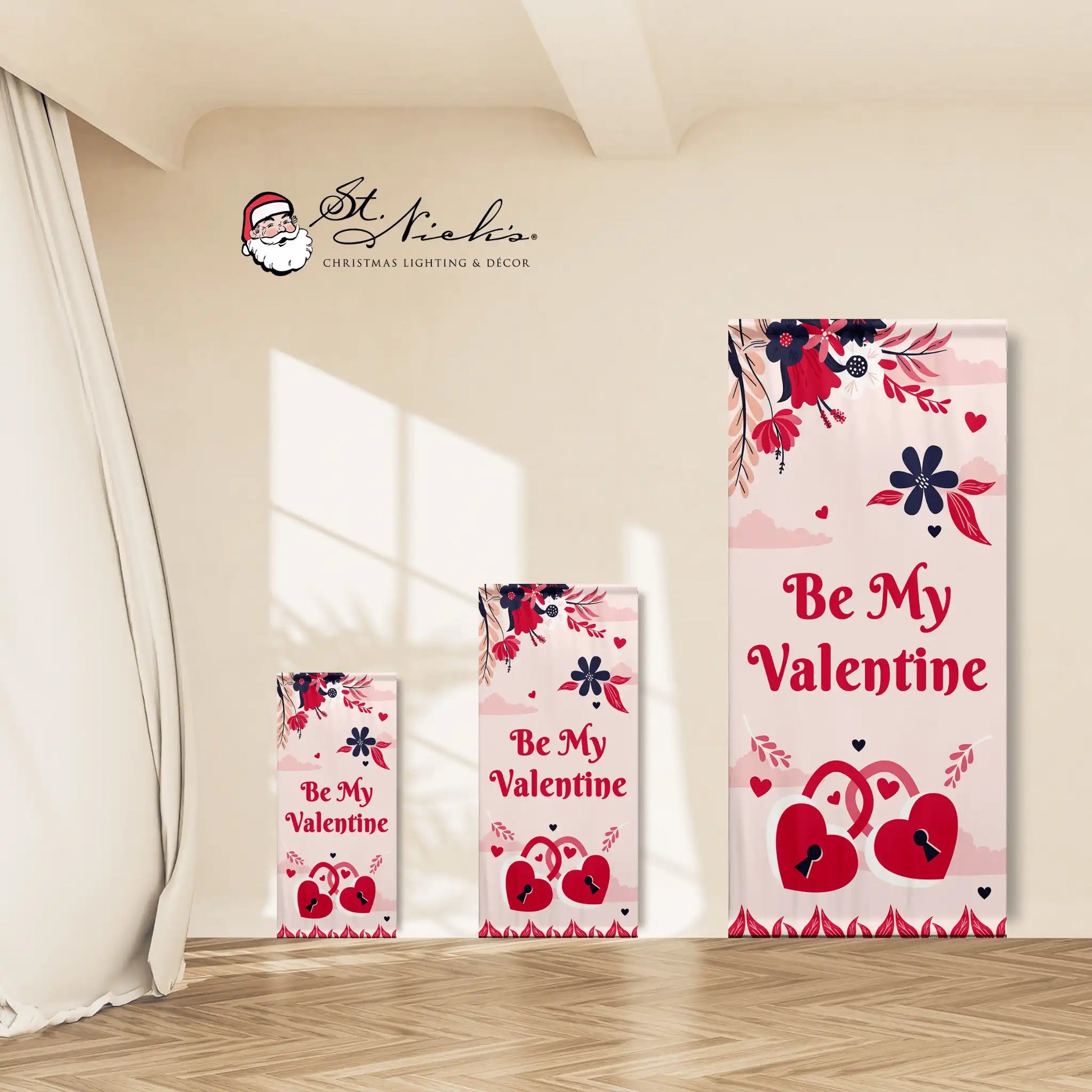 Be My Valentine pink pole banner shown in multiple size options with heart lock artwork