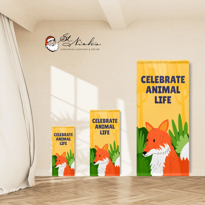 Celebrate Animal Life yellow banner size options showcasing fox wildlife design
