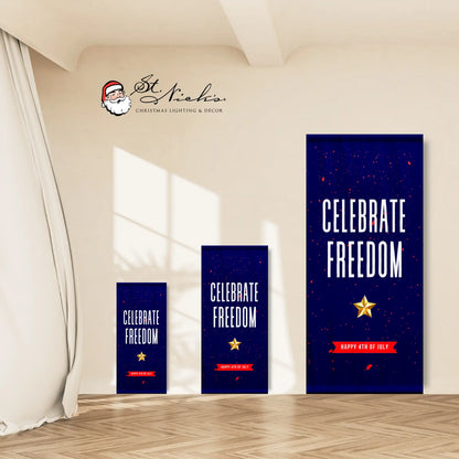 Celebrate Freedom 4th of July pole banner shown in multiple size options