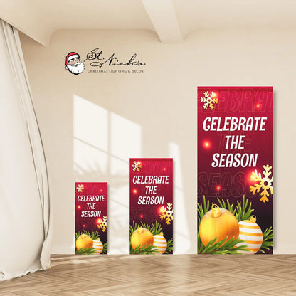 Celebrate The Season Christmas pole banner shown in multiple size options
