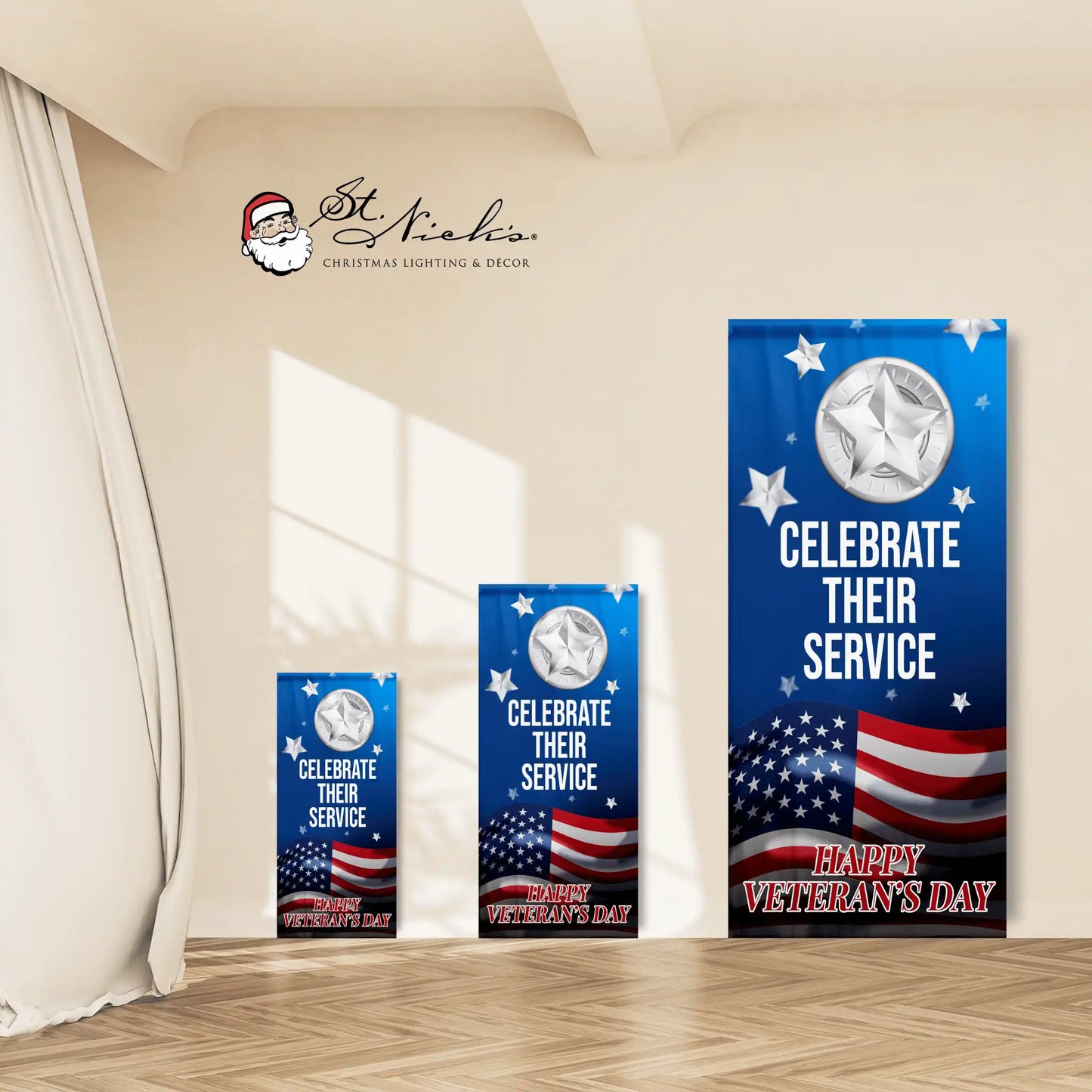 Celebrate Their Service blue banner size options featuring patriotic star and flag design
