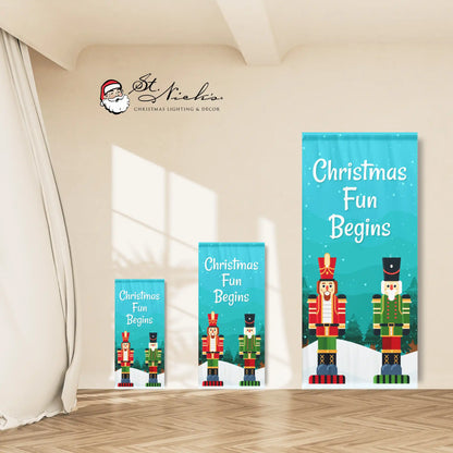 Christmas Fun Begins Christmas pole banner shown in multiple size options
