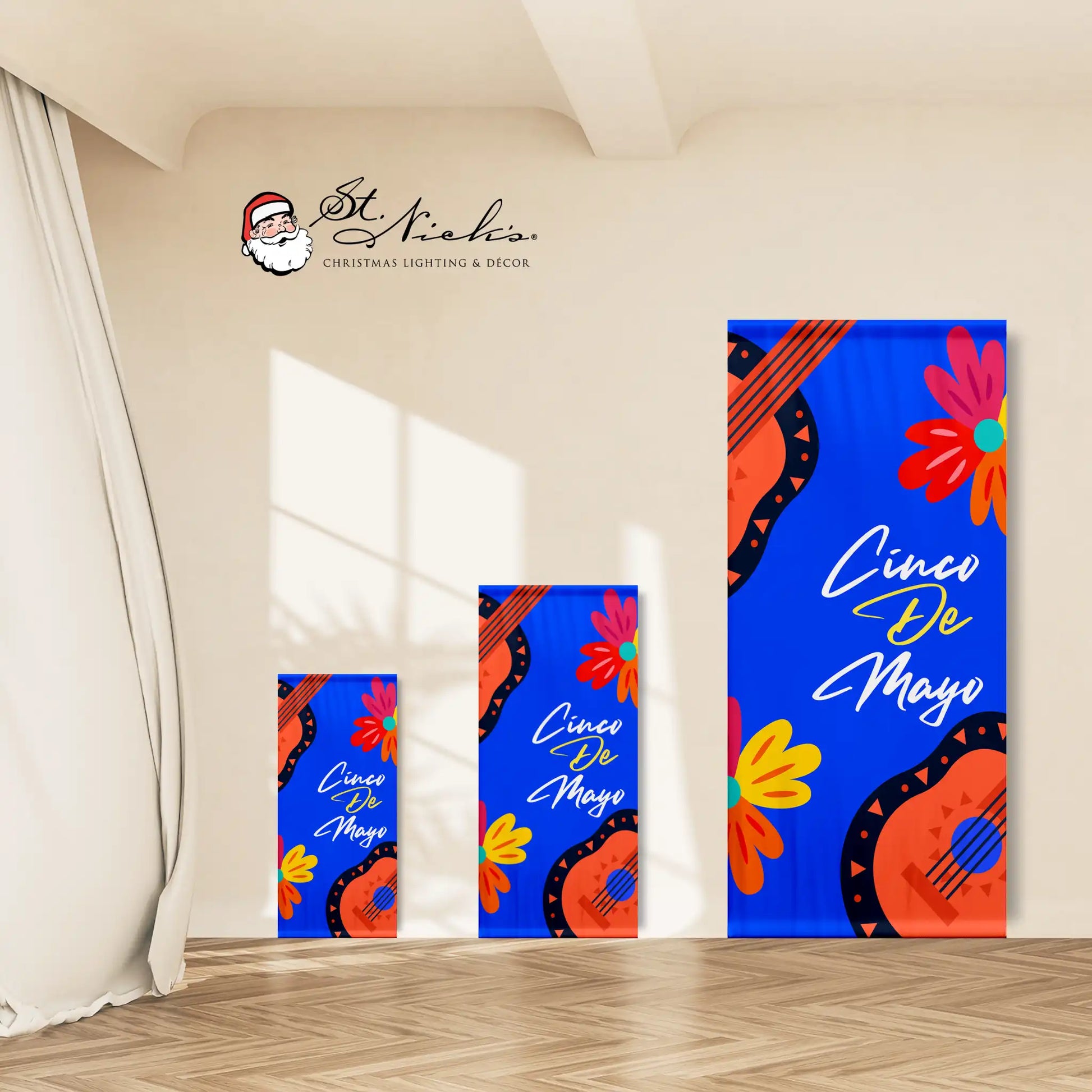 Cinco de Mayo blue guitar floral pole banner shown in multiple size options