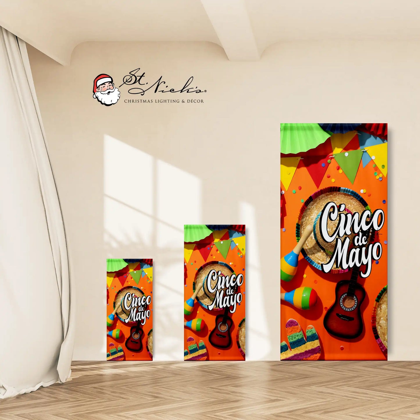 Cinco de Mayo fiesta instruments pole banner shown in multiple size options