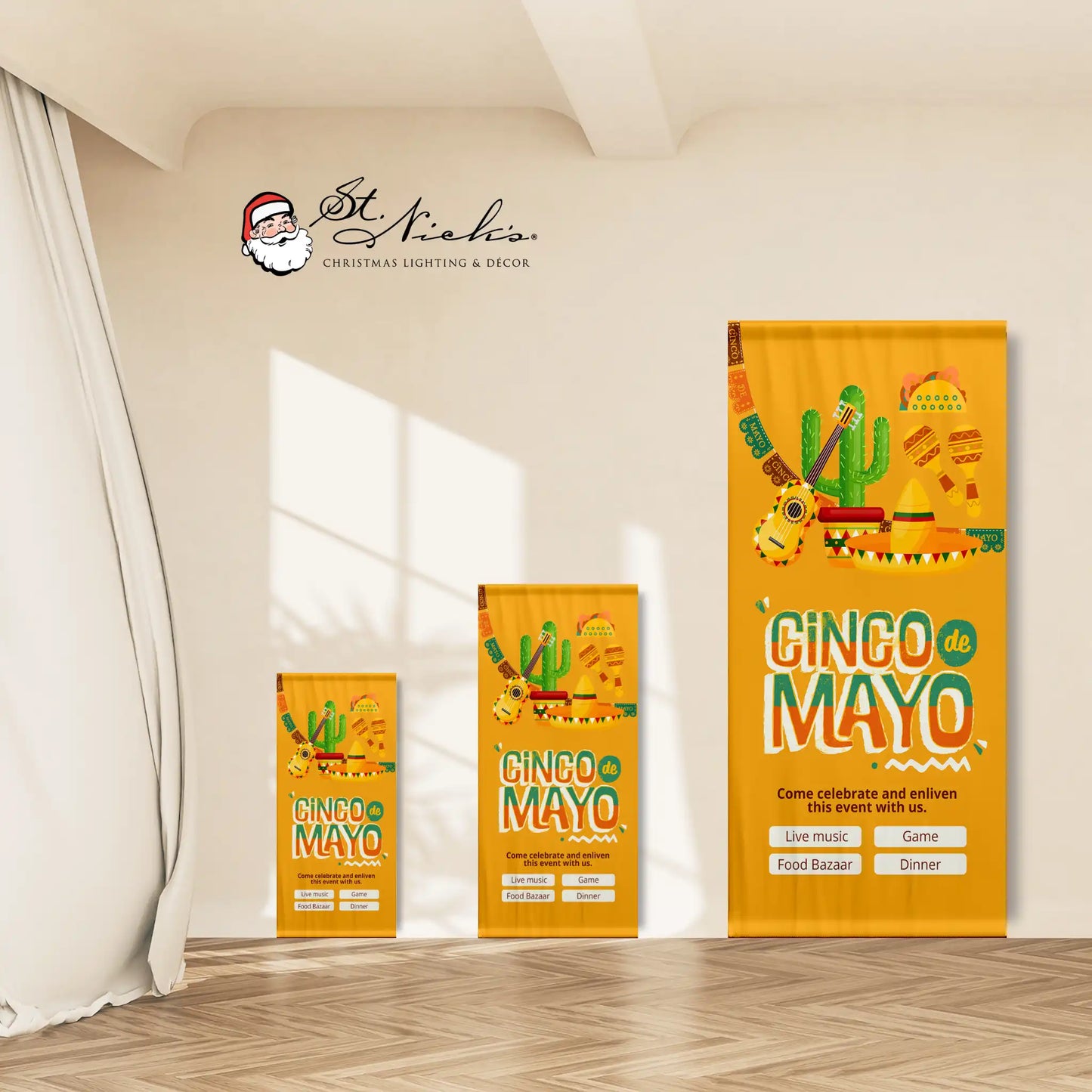 Cinco de Mayo illustrated guitar and cactus pole banner shown in multiple size options
