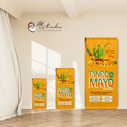 Cinco de Mayo illustrated guitar and cactus pole banner shown in multiple size options